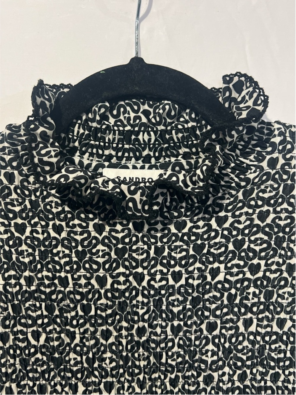Sandro Blouse Women’s Size 0 Black Monogram Print Mockneck Smocked Top - Picture 10 of 16